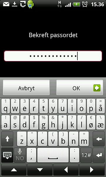 Fil:Android-telefon innstillinger sikkerhet skjermlås passord bekreft.jpg