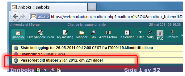 Caption Her ser du hvor lenge passordet ditt er gyldig etter innlogging i webmail.uib.no