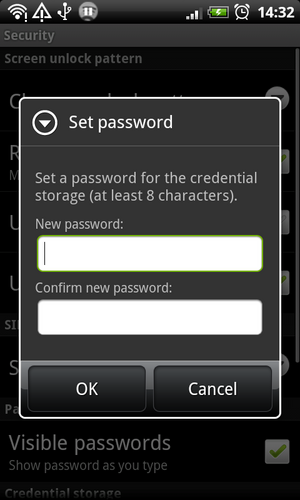Dialog der Android spørr om å setje passord for Credentials Storage.